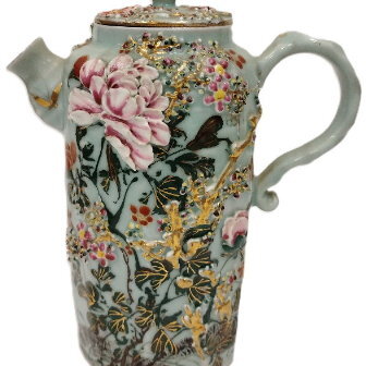 Japanese Seto Celadon  Teapot with Floral and Bird Design, Unmarked Meiji Period 